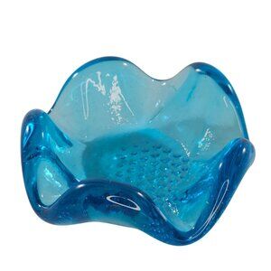 Vintage Blue Art Glass Wavy Edge Ashtray Votive Holder Trinket Dish